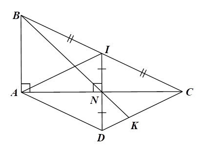 1) Cho tam giác ABC vuông tại A, (AB < AC). Gọi I là trung điểm của cạnh BC. Qua I vẽ IN vuông góc với AC tại N. Lấy điểm D sao cho N là trung điểm của ID.  a) Chứng minh N là trung điểm của AC và tứ giác ADCI là hình thoi. (ảnh 1)