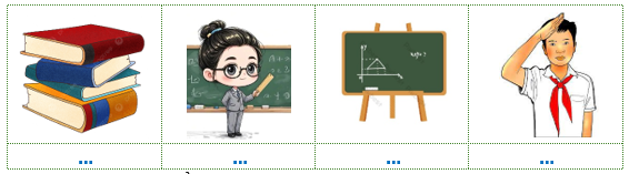 Viết các từ “bảng đen, cô giáo, sách vở, chào cờ” vào hình phù hợp: (ảnh 1)