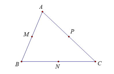 Cho tam giác \(ABC\) với \(M,N,P\) lần lượt là trung điểm của các cạnh (ảnh 1)