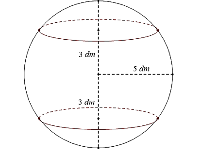 Người ta làm một cái lu đựng nước bằng cách cắt bỏ 2 chỏm của một khối cầu có bán kính 5 dm bằng 2 mặt phẳng (ảnh 1)