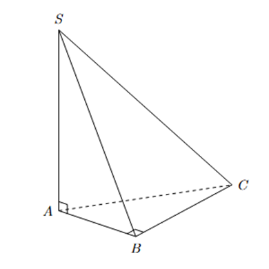 Cho hình chóp \(S.ABC\) có tam giác \(ABC\) vuông tại \(B,\,\,BC = 3,\,\,BA = 2,\,\,SA\) vuông góc với mặt phẳng \((ABC)\) và \(SA = 2.\) (ảnh 1)