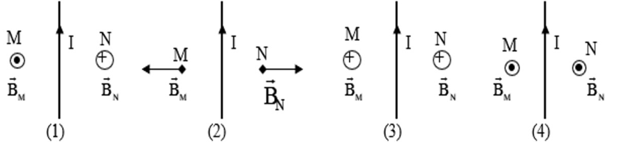 Hình nào sau đây biểu diễn đúng hướng của véctơ cảm ứng từ tại các điểm M và N trong từ trường (ảnh 1)