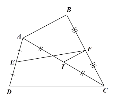 2) Cho tứ giác ABCD Gọi E,F theo thứ tự là trung điểm của AD, BC, AC. Chứng minh rằng:  a) EI,CD và IF, AB. (ảnh 5)