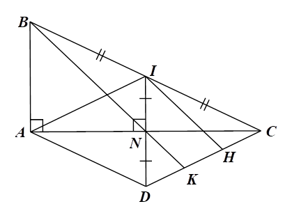 1) Cho tam giác ABC vuông tại A, (AB < AC). Gọi I là trung điểm của cạnh BC. Qua I vẽ IN vuông góc với AC tại N. Lấy điểm D sao cho N là trung điểm của ID.  a) Chứng minh N là trung điểm của AC và tứ giác ADCI là hình thoi. (ảnh 2)