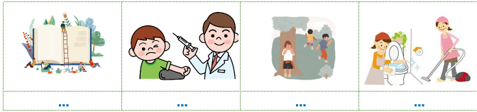 Viết các từ “làm sạch, sách, trốn tìm, chích ngừa” dưới hình phù hợp: (ảnh 1)