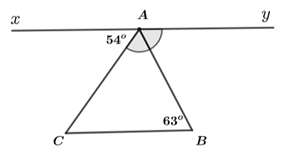 Cho hình vẽ, biết góc xAC =54 độ, góc ABC =63 độ , tia  AB là tia phân giác của  .  (ảnh 1)