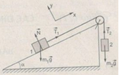 Một vật có khối lượng m1 = 3,7 kg nằm trên một mặt không ma sát, nghiêng 30 độ so với phương ngang. Vật được nối với một vật thứ hai có khối lượng m2 = 2,3 kg bằng một sợi dây không (ảnh 2)