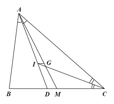 1) Cho tam giác ABC có BC = 15cm, CA = 18cm và AB = 12cm. Gọi I và G lần lượt là tâm đường tròn nội tiếp và trọng tâm tam giác ABC. a) Tính độ dài các đoạn thẳng CD và BD (ảnh 3)