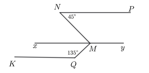 Cho hình dưới đây, biết \[NP song song KQ song song xy, góc {NPM} = 45 độ (ảnh 1)