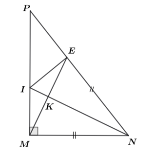 Cho \(\Delta MNP\) vuông tại \(M\) có \(MN < MP.\) Trên cạnh \(NP\) lấy điểm \(E\) sao cho (ảnh 1)