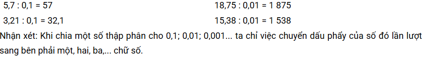 Tính rồi nêu nhận xét về kết quả các phép chia một số thập phân cho 0,1; 0,01; ... (ảnh 2)