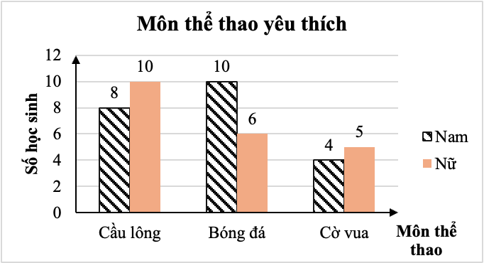 Biểu đồ cột kép dưới đây biểu diễn số học sinh nam và số học sinh nữ của lớp 6E về môn thể thao yêu thích nhất (mỗi học sinh chỉ chọn 1 môn thể thao): (ảnh 1)
