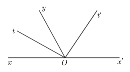 Vẽ hai góc kề bù góc {xOy}\) và góc {x'Oy}\) (ảnh 1)