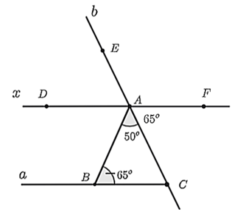Cho hình vẽ dưới đây, biết \(Ax song song  a.\) Điểm \(F\) nằm khác phía đối với điểm (ảnh 1)