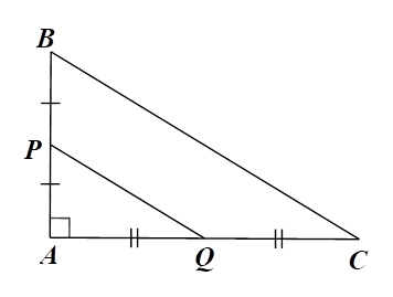 Cho tam giác ABC vuông tại A biết AB = 3cm,AC = 4cm. Gọi P,Q lần lượt là trung điểm của AB,AC. Khi đó, độ dài PQ là (ảnh 1)