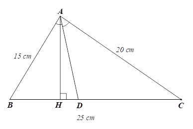 Cho tam giác ABC có AB = 15cm, AC = 20cm, BC = 25cm, AD là đường phân giác của góc BAC. Tỉ số diện tích của S tam giác ABD/S tam giác ACD bằng (ảnh 1)