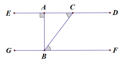 Cho hình dưới đây, biết rằng \(AB \bot \,ED\) và góc {ACB} = góc {CBF}\). (ảnh 1)
