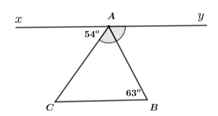 Cho hình vẽ, biết góc {xAC} = 54 độ ,góc {ABC} = 63  độ), tia \(AB\) là tia phân giác của (ảnh 1)