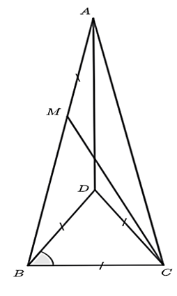 Cho \(\Delta ABC\) có góct A = 20 độ có \(AB = AC\), lấy \(M \in AB\) sao cho \(MA = BC\).  (ảnh 1)