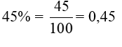Viết các tỉ số phần trăm sau dưới dạng phân số và số thập phân: 45% (ảnh 2)