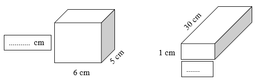 Mỗi hình sau đều có thể tích 300 cm3. Điền độ dài cạnh còn lại vào chỗ chấm: (ảnh 1)