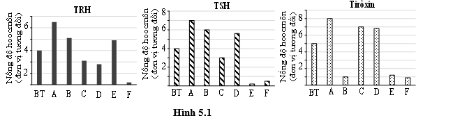 Hình 5.1 thể hiện sự sai khác về nồng độ hormone TRH (hormone giải phóng hướng tuyến giáp của vùng dưới đồi), TSH (hormone kích thích tuyến giáp của tuyến yên) và tirôxin của 6 mẫu xét nghiệm tương ứng với 6 người (ảnh 1)