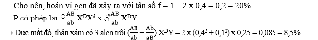 Một loài động vật mà giới cái là XX, giới đực là XY, alen A quy định mắt đỏ trội hoàn toàn so với allele a quy định mắt trắng; kiểu gene có cả allele B và D cho thân xám, các kiểu gen còn lại cho thân đen. (ảnh 1)