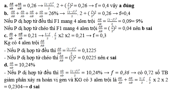 Cho cây dị hợp tử 2 cặp gene (P) tự thụ phấn, thu được F1. Biết hai cặp gene nằm trên 1 cặp nhiễm sắc thể và có hoán vị gene ở cả hai giới với tần số bằng nhau.  (ảnh 1)
