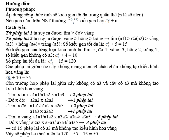 Ở một loài thực vật, tính trạng màu hoa do một gen có 5 alen quy định, alen trội là trội hoàn toàn.  (ảnh 1)