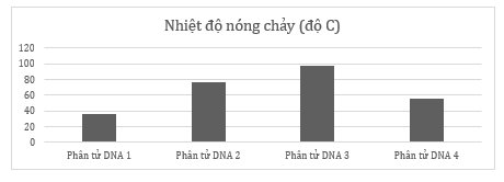 Câu 5. Nhiệt độ làm tách hai mạch của phân tử DNA được gọi là nhiệt độ nóng chảy. Bảng dưới mô tả nhiệt độ nóng chảy của bốn phân tử DNA có chiều dài bằng nhau (ảnh 1)