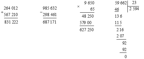 Trong các phép tính dưới đây, phép tính có kết quả lớn nhất là: 	A. 264 012 + 567 210	B. 985 632 – 298 461  	 	C. 9 650 × 65		D. 59 662 : 23 (ảnh 1)