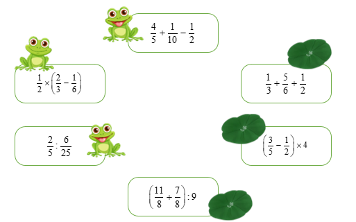 Chú ếch tìm lá sen! Nối các phép tính có kết quả bằng nhau để giúp những chú ếch tìm được lá sen của mình nhá (ảnh 1)