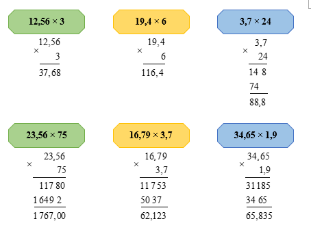 PHẦN II. TỰ LUẬN Bài 1. Đặt tính rồi tính. 12,56 × 3 ; 19,4 × 6 (ảnh 2)