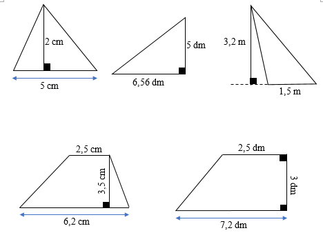 Em hãy tính diện tích của các hình tam giác sau rồi điền vào ô trống (ảnh 1)