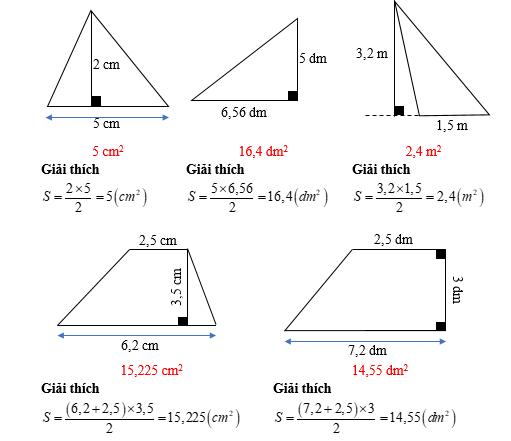 Em hãy tính diện tích của các hình tam giác sau rồi điền vào ô trống (ảnh 2)