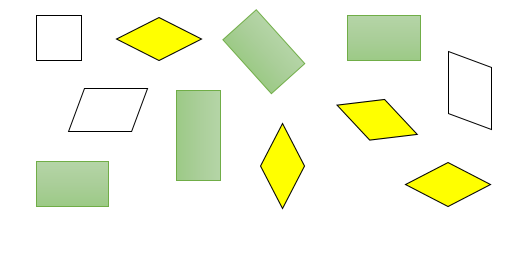 PHẦN II. TỰ LUẬN Bài 1. Cho các hình vẽ:a) Em hãy tô màu xanh vào các hình chữ nhật có trong hình vẽ. b) Em hãy tô màu vàng vào các hình thoi có trong hình vẽ. (ảnh 2)