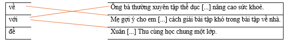Hãy ghép kết từ ở cột bên trái với nội dung thích hợp ở cột bên phải để tạo thành câu hoàn chỉnh.     về  	     	  Ông bà thường xuyên tập thể dục [...] nâng cao sức khoẻ. (ảnh 1)