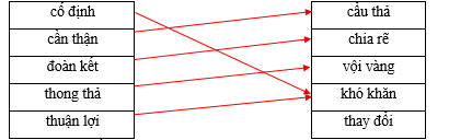 Hãy ghép 2 vế với nhau để tạo thành cặp từ trái nghĩa. cố định		cẩu thả cần thận		chia rẽ đoàn kết		vội vàng thong thả		khó khăn thuận lợi		thay đổi (ảnh 1)