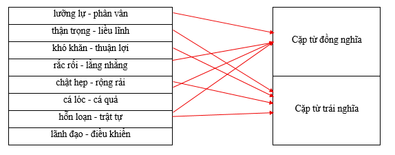 Hãy xếp các cặp từ sau vào nhóm thích hợp.     lưỡng lự - phân vân		Cặp từ đồng nghĩa thận trọng - liều lĩnh		 khó khăn - thuận lợi		 rắc rối - lằng nhằng		 chật hẹp - rộng rải		Cặp từ trái nghĩa cá lóc - cá quả		 hỗn loạn - trật tự	 (ảnh 1)