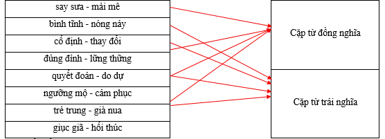 Hãy xếp các cặp từ sau vào nhóm thích hợp. say sưa - mải mê		Cặp từ đồng nghĩa bình tĩnh - nóng nảy		 cố định - thay đổi		 đủng đỉnh - lững thững		 quyết đoán - do dự		Cặp từ trái nghĩa ngưỡng mộ - cảm phục		 trẻ trung - già nua		 giục giã - hối thúc		 (ảnh 1)