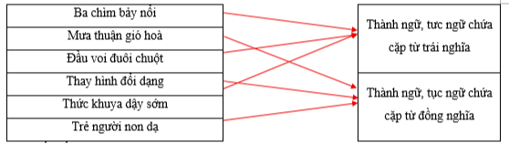Hãy sắp xếp các thành ngữ, tục ngữ sau vào nhóm thích hợp.       Ba chìm bảy nổi		Thành ngữ, tưc ngữ chứa cặp từ trái nghĩa Mưa thuận gió hoà		 Đầu voi đuôi chuột		 Thay hình đổi dạng		Thành ngữ, tục ngữ chứa cặp từ đồng nghĩa Thức khuya dậy sớm	 (ảnh 1)