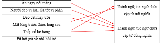 Hãy sắp xếp các thành ngữ, tục ngữ sau vào nhóm thích hợp. Ăn ngay nói thẳng		Thành ngữ, tưc ngữ chứa cặp từ trái nghĩa Người đẹp vì lụa, lúa tốt vì phân		 Bèo dạt mây trôi		 Mất lòng trước được lòng sau		 (ảnh 1)