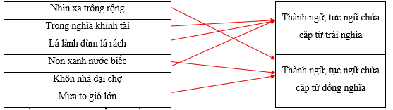 Hãy sắp xếp các thành ngữ, tục ngữ sau vào nhóm thích hợp. Nhìn xa trông rộng		Thành ngữ, tưc ngữ chứa cặp từ trái nghĩa Trọng nghĩa khinh tài		 Lá lành đùm lá rách		 Non xanh nước biếc		Thành ngữ, tục ngữ chứa cặp từ đồng nghĩa Khôn nhà dại chợ	 (ảnh 1)