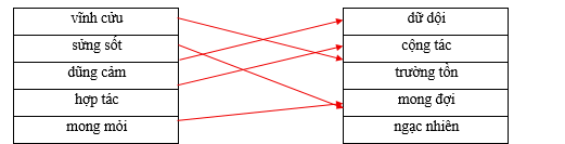 Hãy ghép 2 vế với nhau để tạo thành cặp từ đồng nghĩa.  vĩnh cửu		dữ dội sửng sốt		cộng tác dũng cảm		trường tồn hợp tác		mong đợi mong mỏi		ngạc nhiên (ảnh 1)