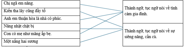 Hãy nối các thành ngữ, tục ngữ sau vào nhóm thích hợp. Chị ngã em nâng.		Thành ngữ, tục ngữ nói về tình cảm gia đình. Kiến tha lây cũng đầy tổ		 Anh em thuận hòa là nhà có phúc.		 Năng nhặt chặt bị		 (ảnh 1)
