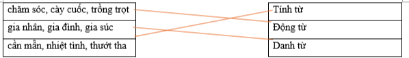 Hãy ghép các từ ở cột bên trái với nhóm thích hợp ở cột bên phải. chăm sóc, cày cuốc, trồng trọt		Tính từ gia nhân, gia đình, gia súc		Động từ cần mâ̂n, nhiệt tình, thướt tha		Danh từ (ảnh 1)