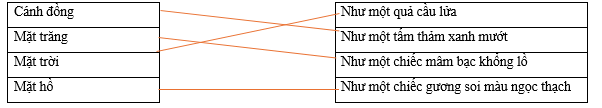 Hãy ghép 2 vế với nhau để tạo thành câu có hình ảnh so sánh phù hợp. Cánh đồng		Như một quả cầu lửa Mặt trăng		Như một tấm thảm xanh mướt Mặt trời		Như một chiếc mâm bạc khổng lồ Mặt hồ 	Như một chiếc gương soi màu ngọc thạch (ảnh 1)