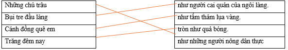 Hãy ghép 2 vế với nhau để tạo thành câu có hình ảnh so sánh phù hợp. Những chú trâu		như người cai quản của ngôi làng. Bụi tre đầu làng		như tấm thảm lụa vàng. Cánh đồng quê em		tròn như quả bóng. Trăng đêm nay		như những người nông dân thực (ảnh 1)