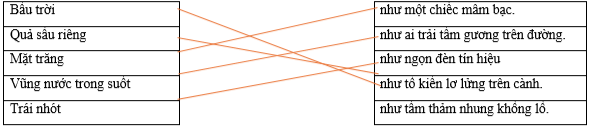 Em hãy nối các ý ở cột A với các ý tương ứng ở cột B để tạo thành câu so sánh có nội dung phù hợp. Bầu trời		như một chiếc mâm bạc. Quả sầu riêng		như ai trải tấm gương trên đường.  (ảnh 1)