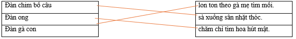 Hãy ghép 2 vế với nhau để tạo thành câu hoàn chỉnh. Đàn chim bồ câu lon ton theo gà mẹ tìm mồi. Đàn ong sà xuống sân nhặt thóc. Đàn gà con chăm chỉ tìm hoa hút mật. (ảnh 1)